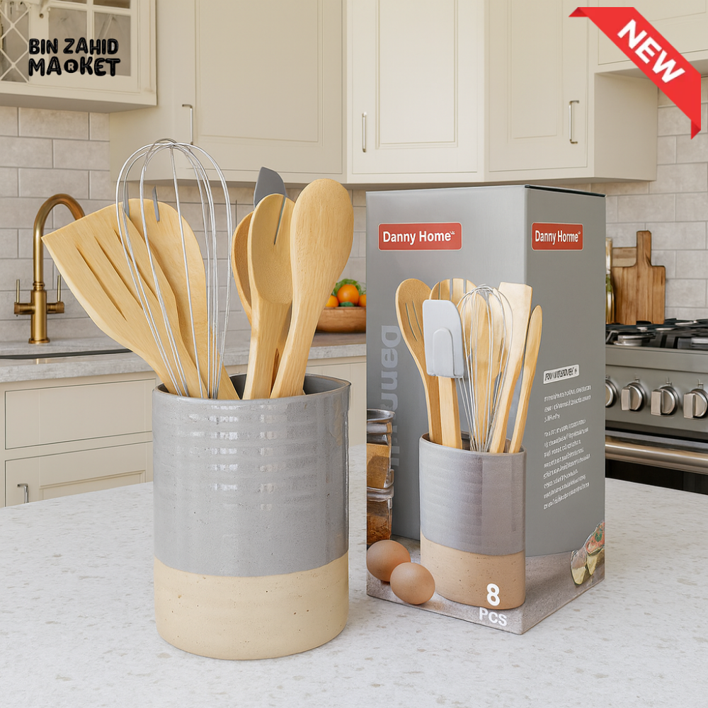 DANNY HOME 16 PIECE KITCHEN UTENSIL SET WITH HOLDER – WOODEN SPOONS SPATULA & WHISK GREY DH2933