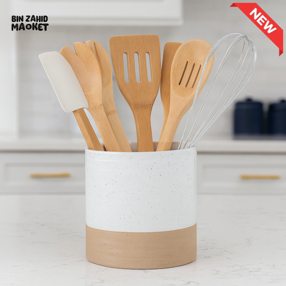 DANNY HOME 16 PIECE KITCHEN UTENSIL SET WITH HOLDER – WOODEN SPOONS SPATULA & WHISK WHITE DH2933