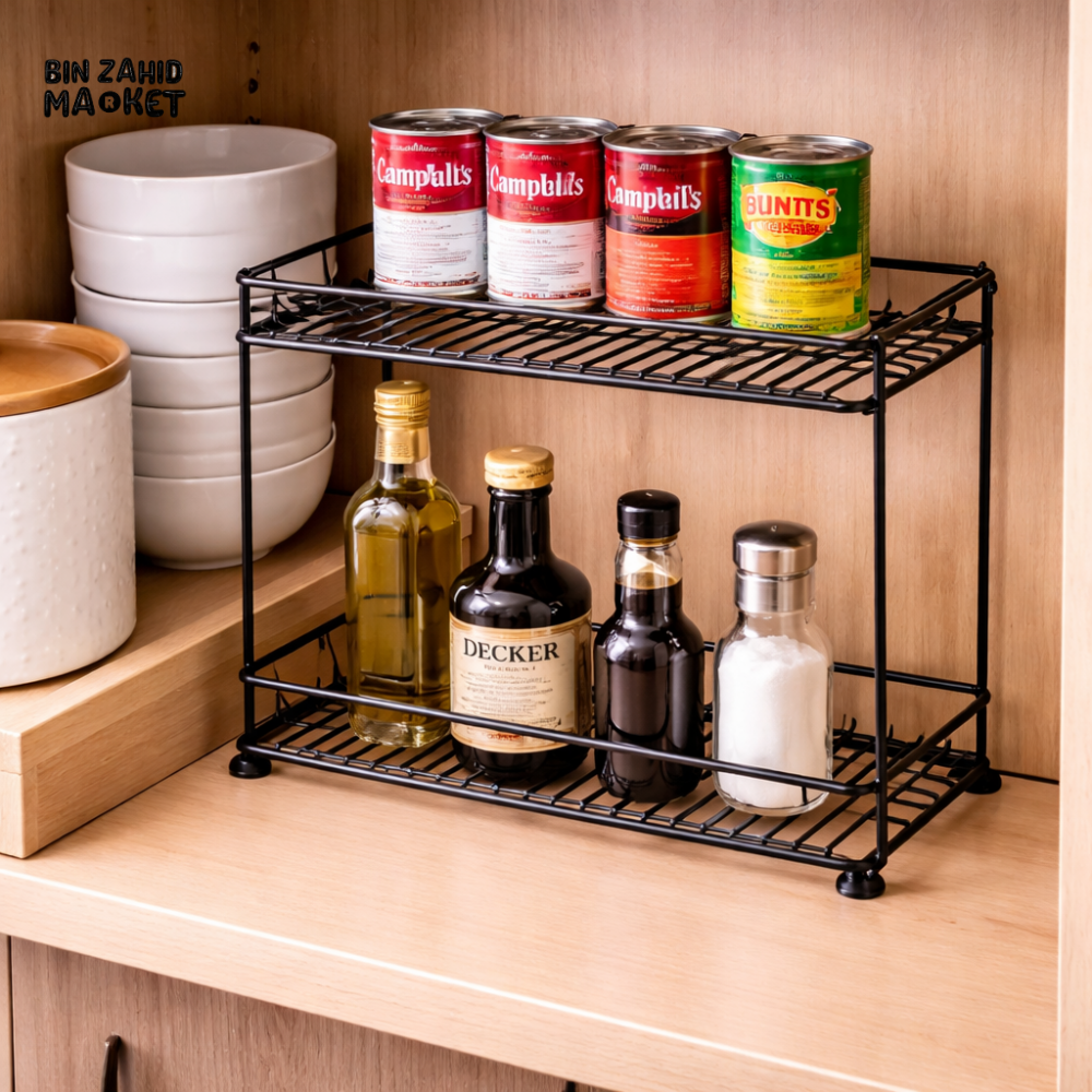 DANNY HOME 2 TIER IRON SPICE RACK KITCHEN COUNTERTOP SEASONING ORGANIZER STORAGE HOLDER BLACK METAL DESIGN 26.5x9.3CM