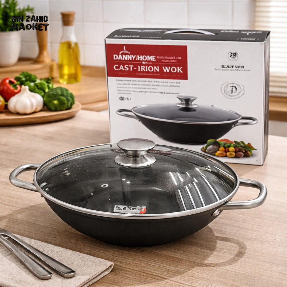 26CM CAST IRON NON-STICK WOK WITH GLASS LID – MULTI-PURPOSE STIR FRY PAN WITH DUAL HANDLES