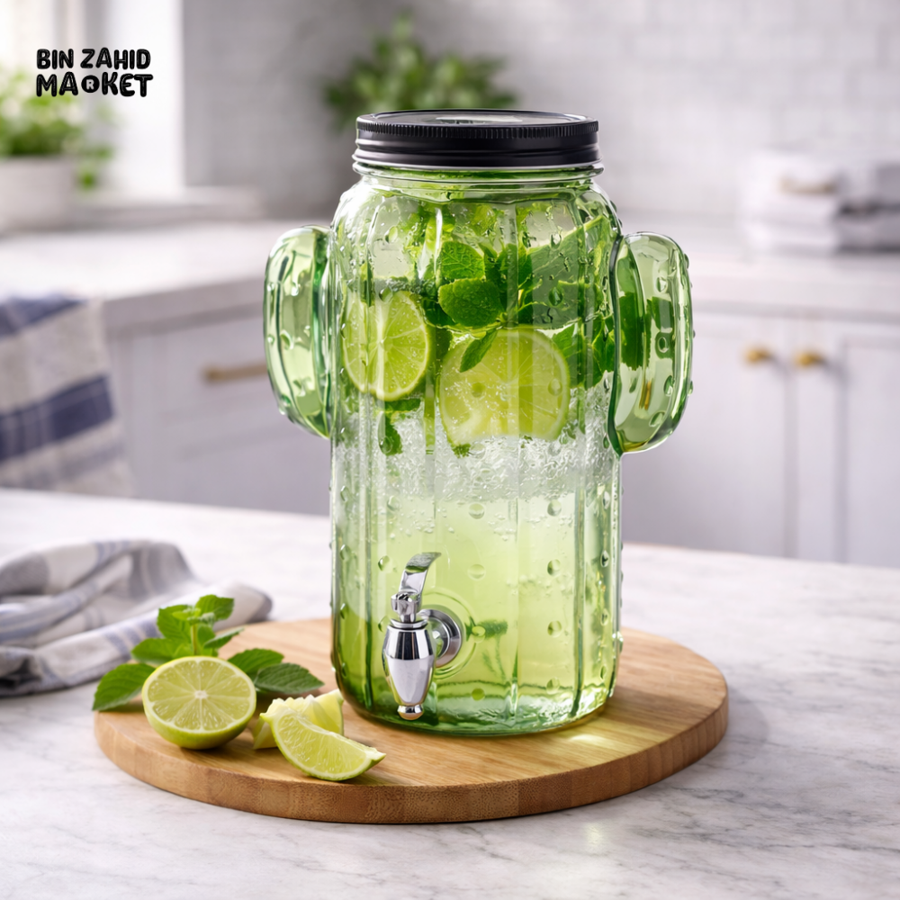 DANNY HOME 3.5 LITRE CACTUS SHAPED GLASS DRINK DISPENSER WITH TAP -WTJ02