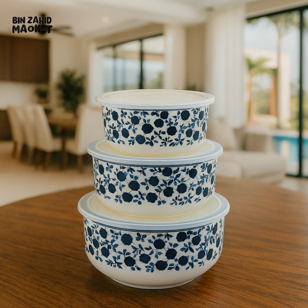 DANNY HOME 3-PIECE CERAMIC STORAGE BOWL SET WITH LIDS – BLUE FLORAL DESIGN – MULTIPURPOSE KITCHEN & DINING CONTAINERS