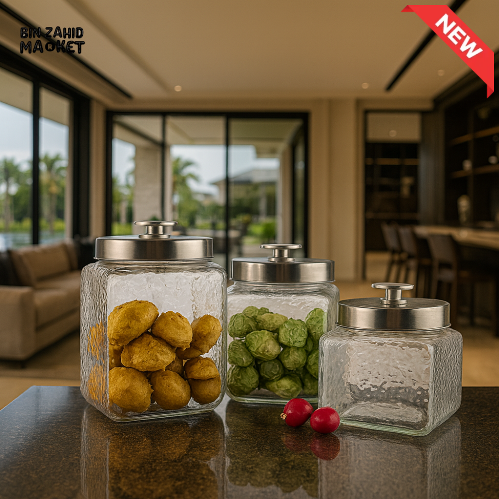 DANNY HOME 3 PIECE GLASS JAR SET WITH SILVER LIDS – AIRTIGHT STORAGE CONTAINERS FOR KITCHEN & PANTRY SD 016