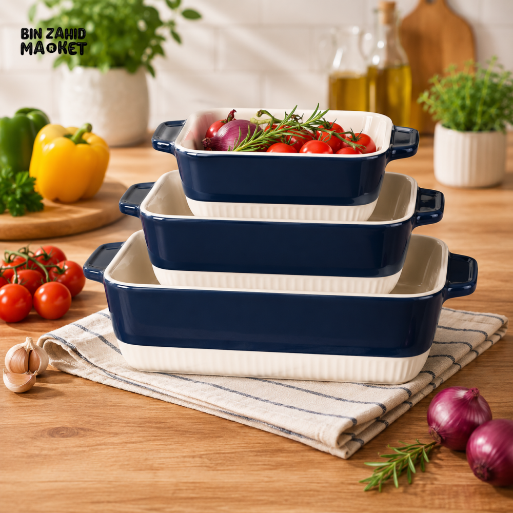 DANNY HOME 3-PIECE RECTANGULAR PORCELAIN BAKEWARE SET WITH HANDLES 19CM + 26CM + 31CM NAVY BLUE KW3T-3