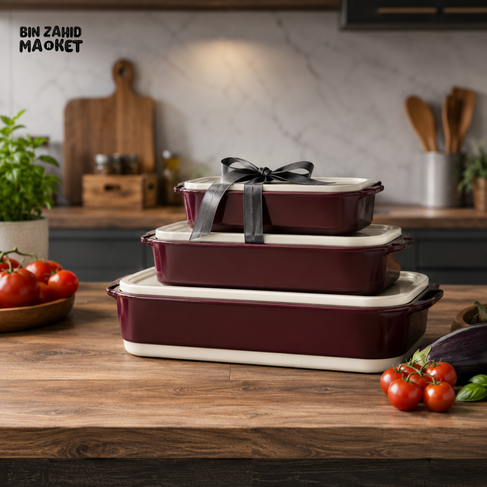 DANNY HOME 3-PIECE RECTANGULAR PORCELAIN BAKEWARE SET WITH HANDLES 19CM + 26CM + 31CM KW3T-1