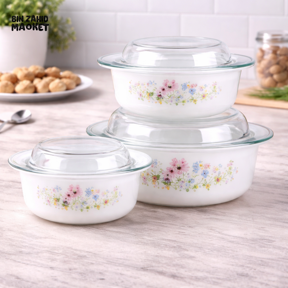 DANNY HOME 3 PIECES GLASS CASSEROLE SET WITH LIDS – FLORAL OVEN SAFE SERVING & STORAGE DISHES -ZHG3T-F