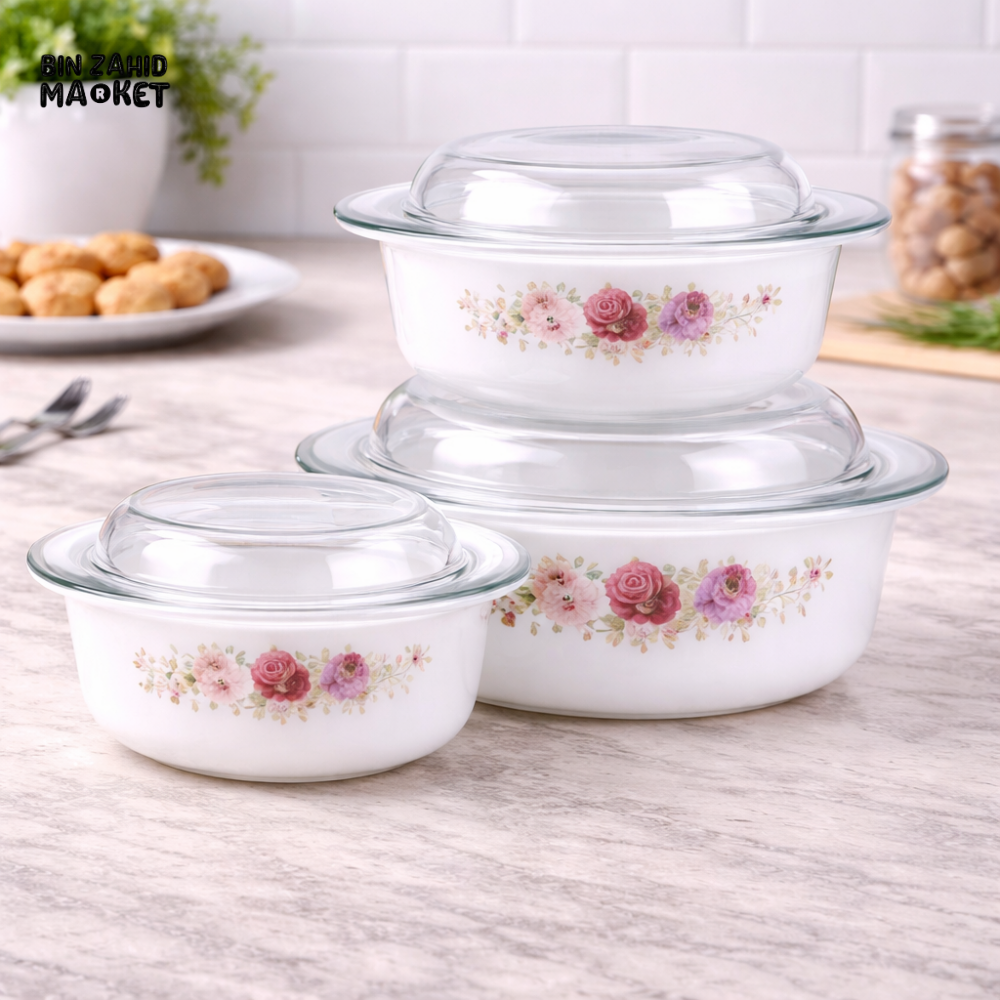 DANNY HOME 3 PIECES GLASS CASSEROLE SET WITH LIDS – FLORAL OVEN SAFE SERVING & STORAGE DISHES -ZHG3T-G