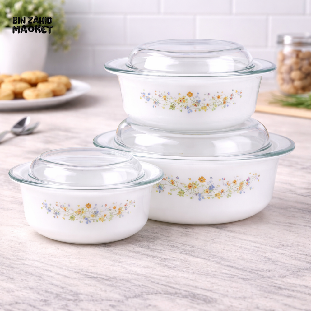 DANNY HOME 3 PIECES GLASS CASSEROLE SET WITH LIDS – FLORAL OVEN SAFE SERVING & STORAGE DISHES -ZHG3T-H