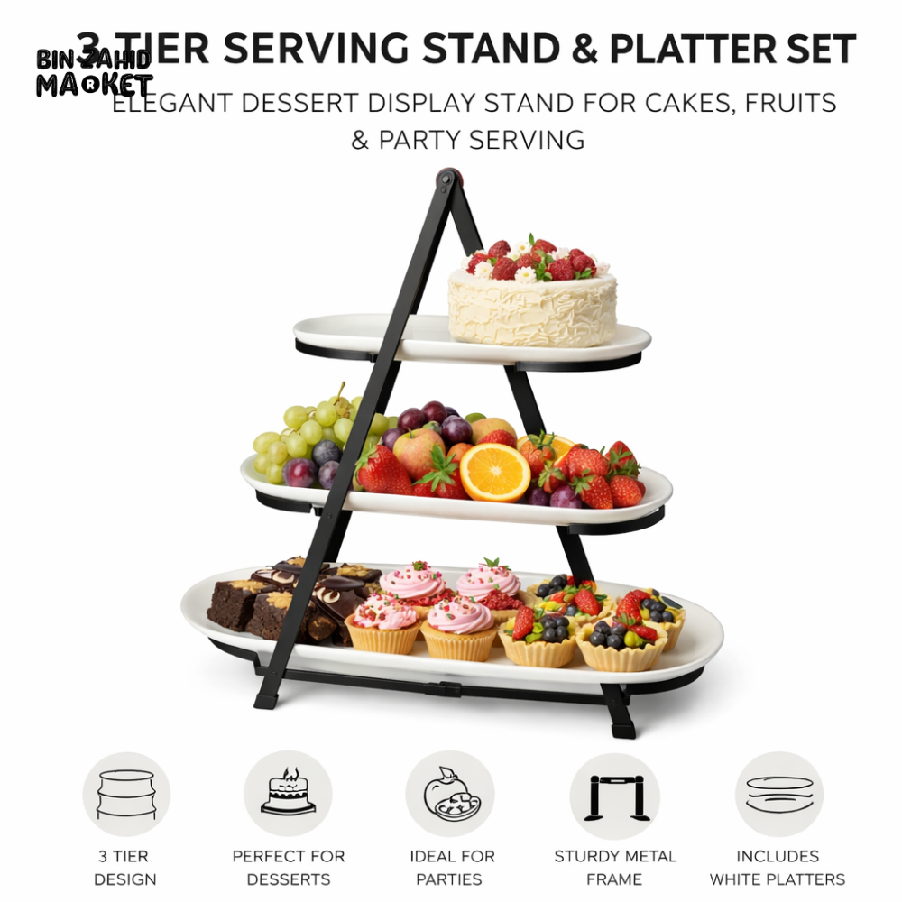 DANNY HOME 3 TIER SERVING STAND WITH PLATTERS – ELEGANT DESSERT FRUIT & CUPCAKE DISPLAY STAND FOR PARTIES & TABLE