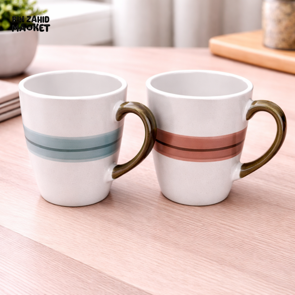 DANNY HOME 320ML MODERN WHITE COFFEE & TEA CUPS WITH COLOR BAND & GOLD HANDLE -STB36-2