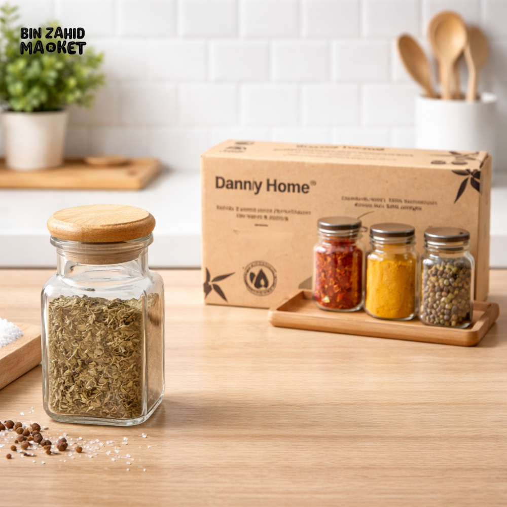 DANNY HOME 3PCS GLASS SPICE STORAGE JAR SET 75ML AIRTIGHT WOODEN LID KITCHEN SEASONING CONTAINERS 1966-101