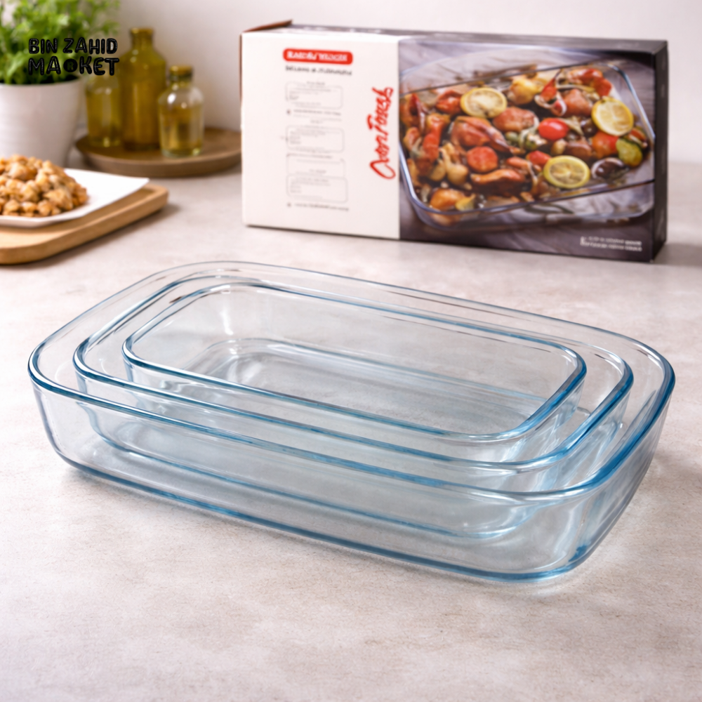 DANNY HOME 3PCS RECTANGULAR GLASS BAKING DISH SET OVEN SAFE BOROSILICATE CASSEROLE TRAY SET 1L 2.2L 3L HEAT RESISTANT