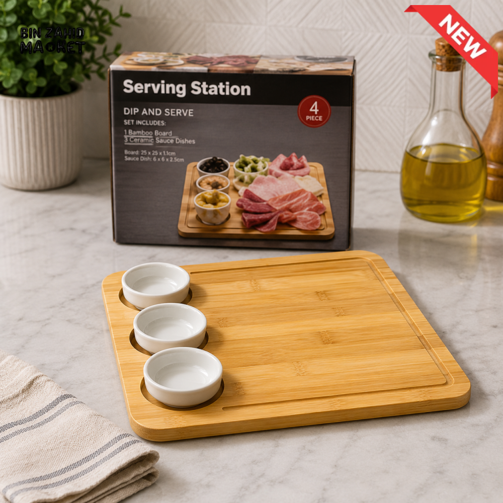DANNY HOME 4-PIECE BAMBOO SERVING BOARD SET WITH 3 CERAMIC DIP BOWLS CZT40-02