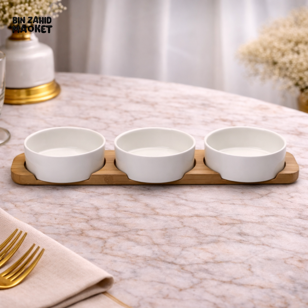 DANNY HOME 4-PIECE CERAMIC SNACK BOWL SET WITH BAMBOO TRAY – MODERN APPETIZER & DIP SERVING SET FOR LUXURY DINING TABLE