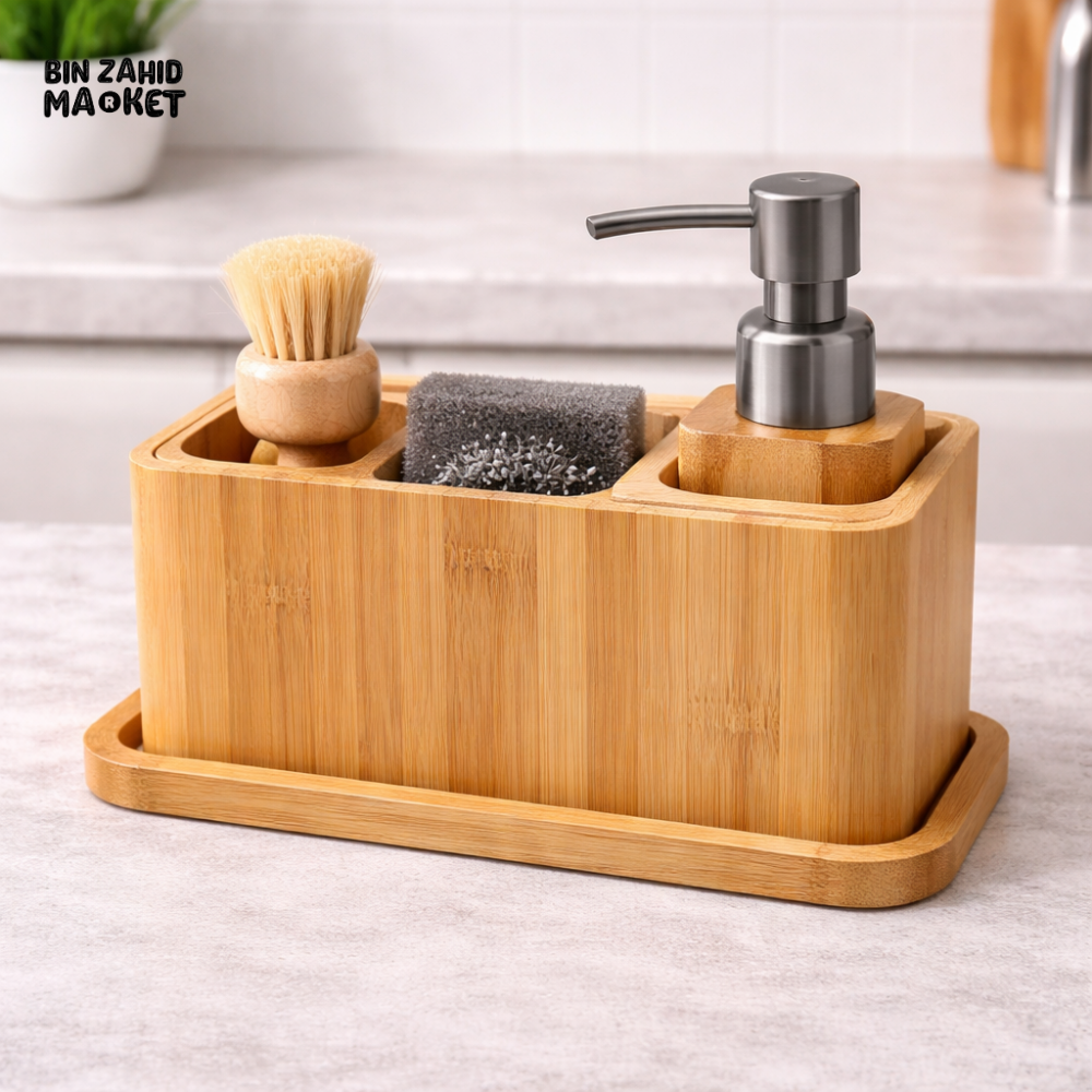 DANNY HOME 4PCS BAMBOO BATHROOM ACCESSORIES SET SOAP DISPENSER TOOTHBRUSH HOLDER CUP SOAP DISH ORGANIZER SET 2501-87