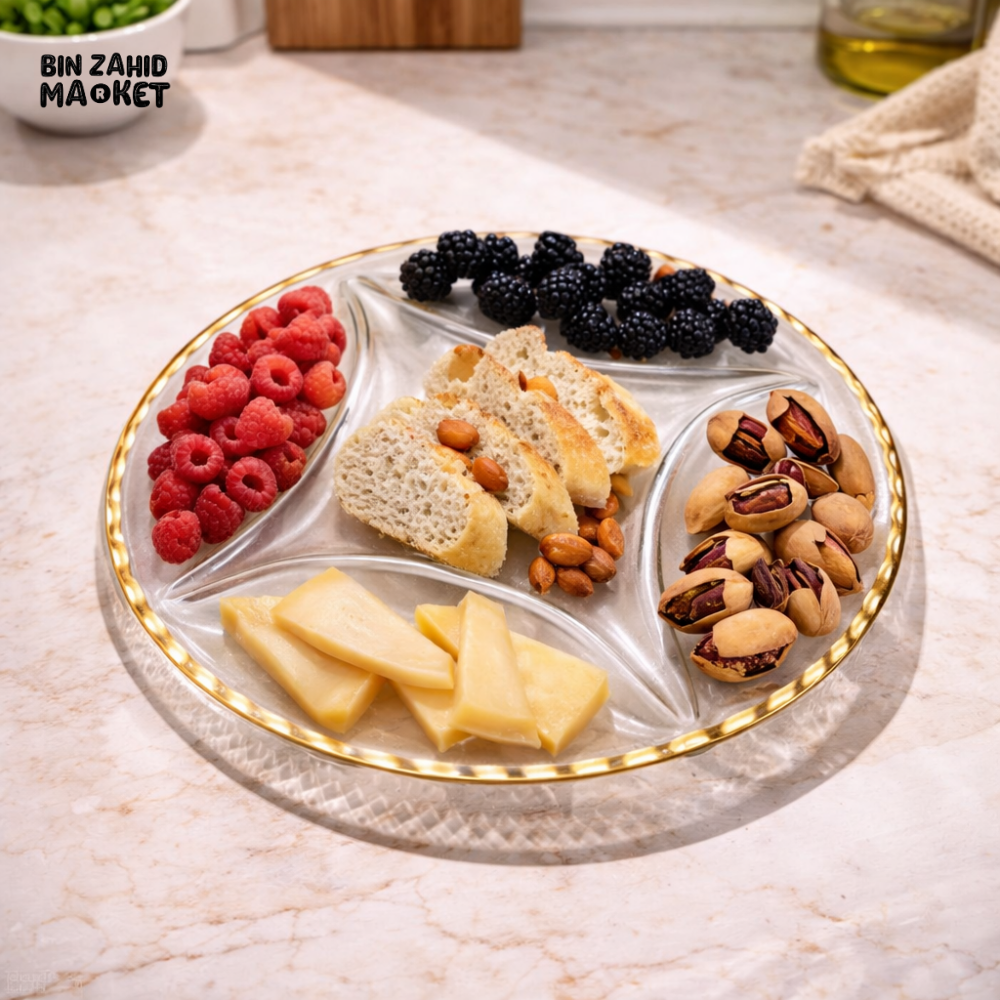 DANNY HOME 5 SECTION GLASS SNACK SERVING PLATTER WITH GOLD RIM 33x2CM -RW17-01