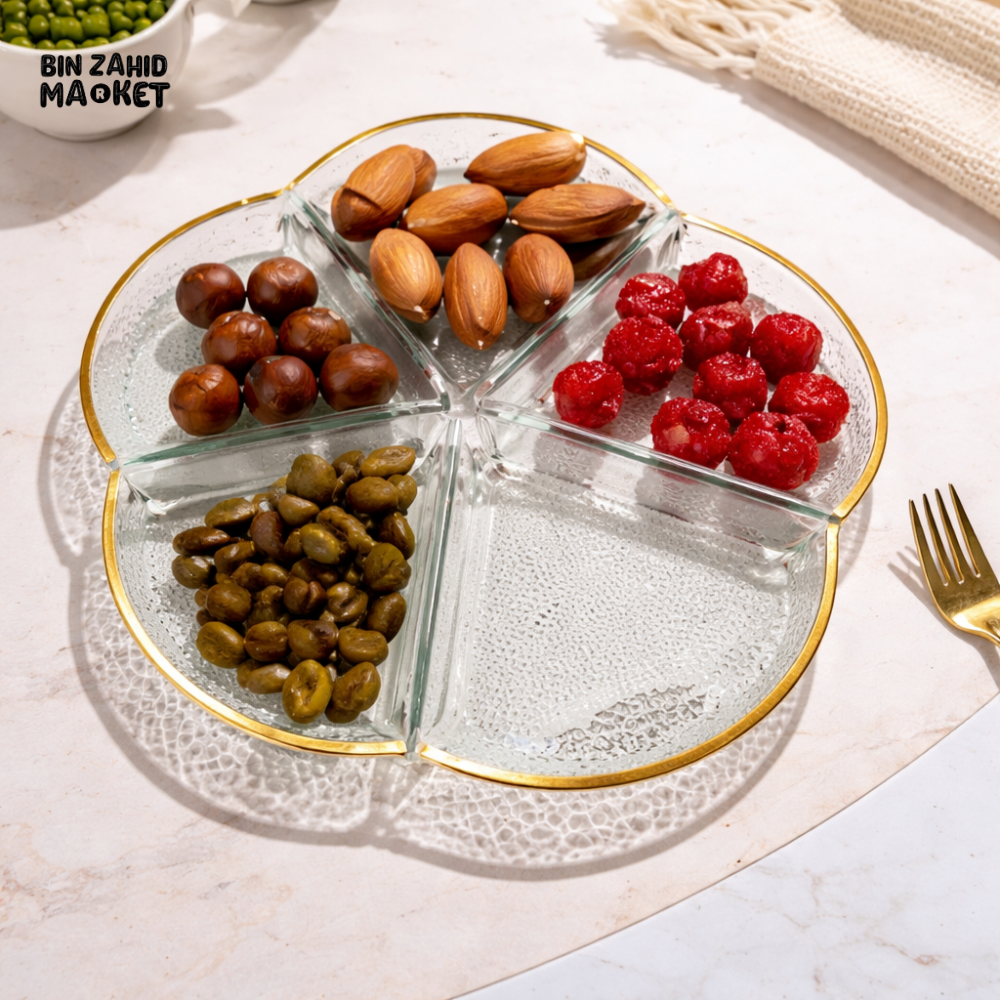 DANNY HOME 5 SECTION GLASS SNACK SERVING TRAY WITH GOLD RIM 25x2CM -RW10-02