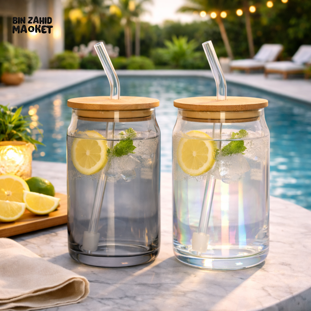 DANNY HOME 500ML CLEAR GLASS CAN CUP SET WITH BAMBOO LID & GLASS STRAW -CB-180