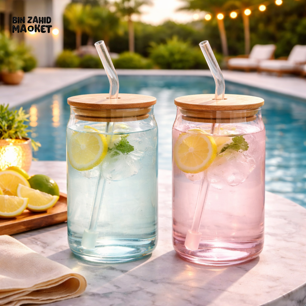 DANNY HOME 500ML GLASS CAN CUP SET 2 PIECE WITH BAMBOO LID & GLASS STRAW - CB-179