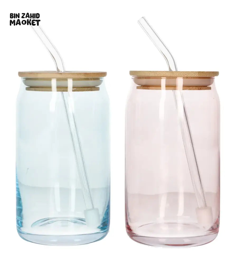 DANNY HOME 500ML GLASS CAN CUP SET 2 PIECE WITH BAMBOO LID & GLASS STRAW - CB-179