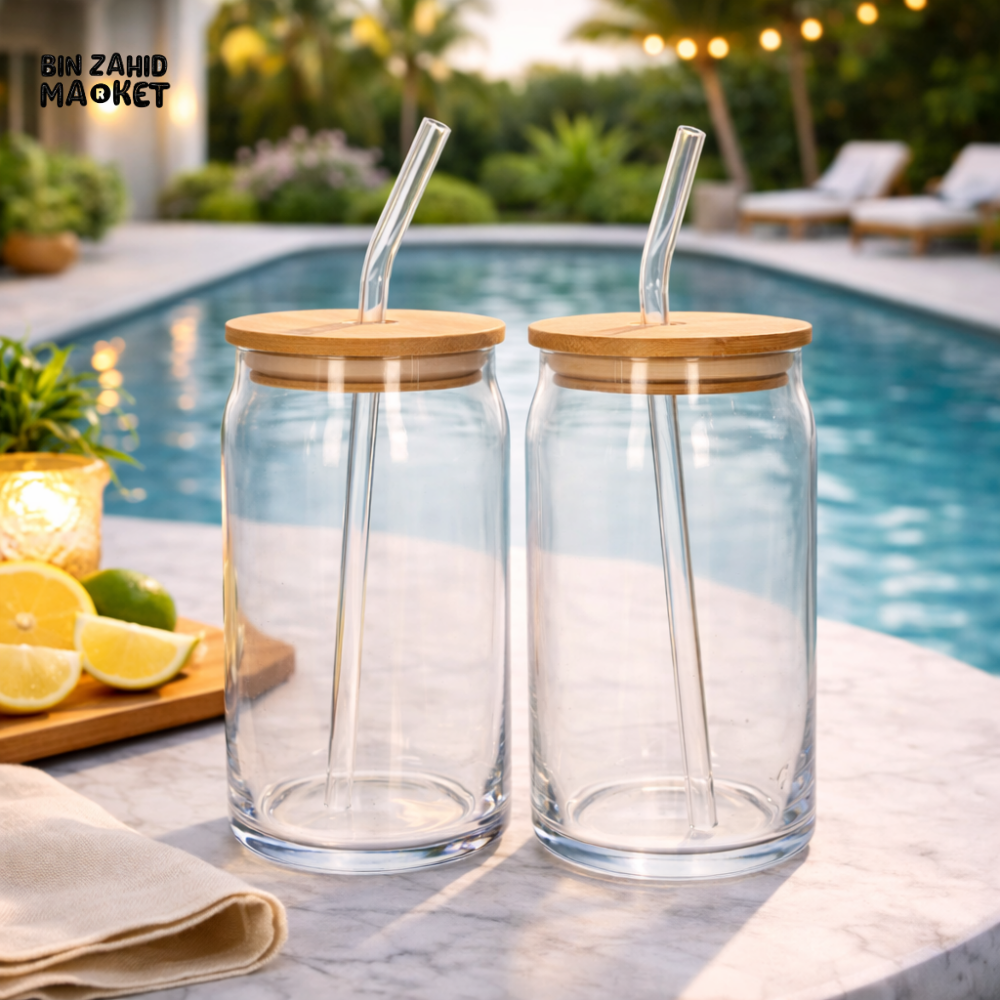 DANNY HOME 500ML GLASS CAN CUP SET WITH BAMBOO LID & GLASS STRAW – CLEAR DRINKING JARS -CB-155