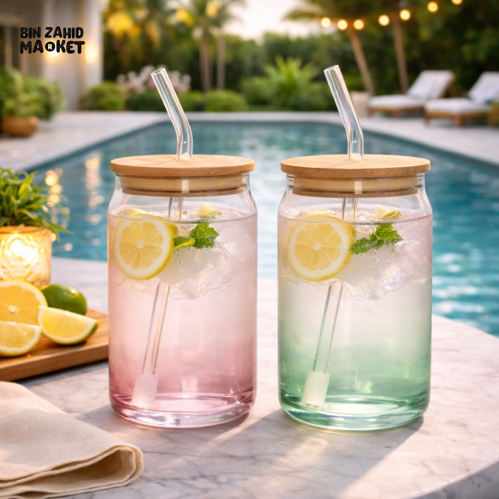 DANNY HOME 500ML GRADIENT GLASS CAN CUP SET WITH BAMBOO LID & GLASS STRAW -CB-181