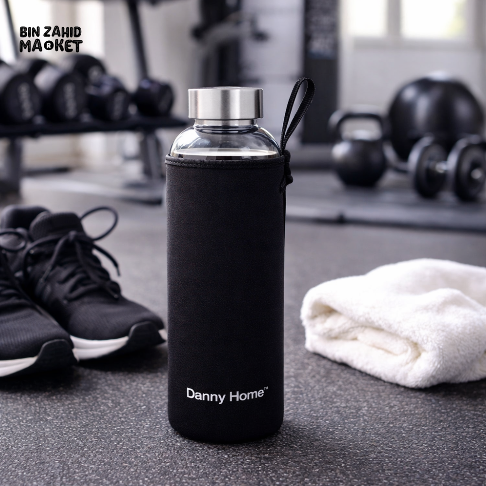 DANNY HOME 550ML BLACK GLASS WATER BOTTLE WITH PROTECTIVE SLEEVE -YDB01-19