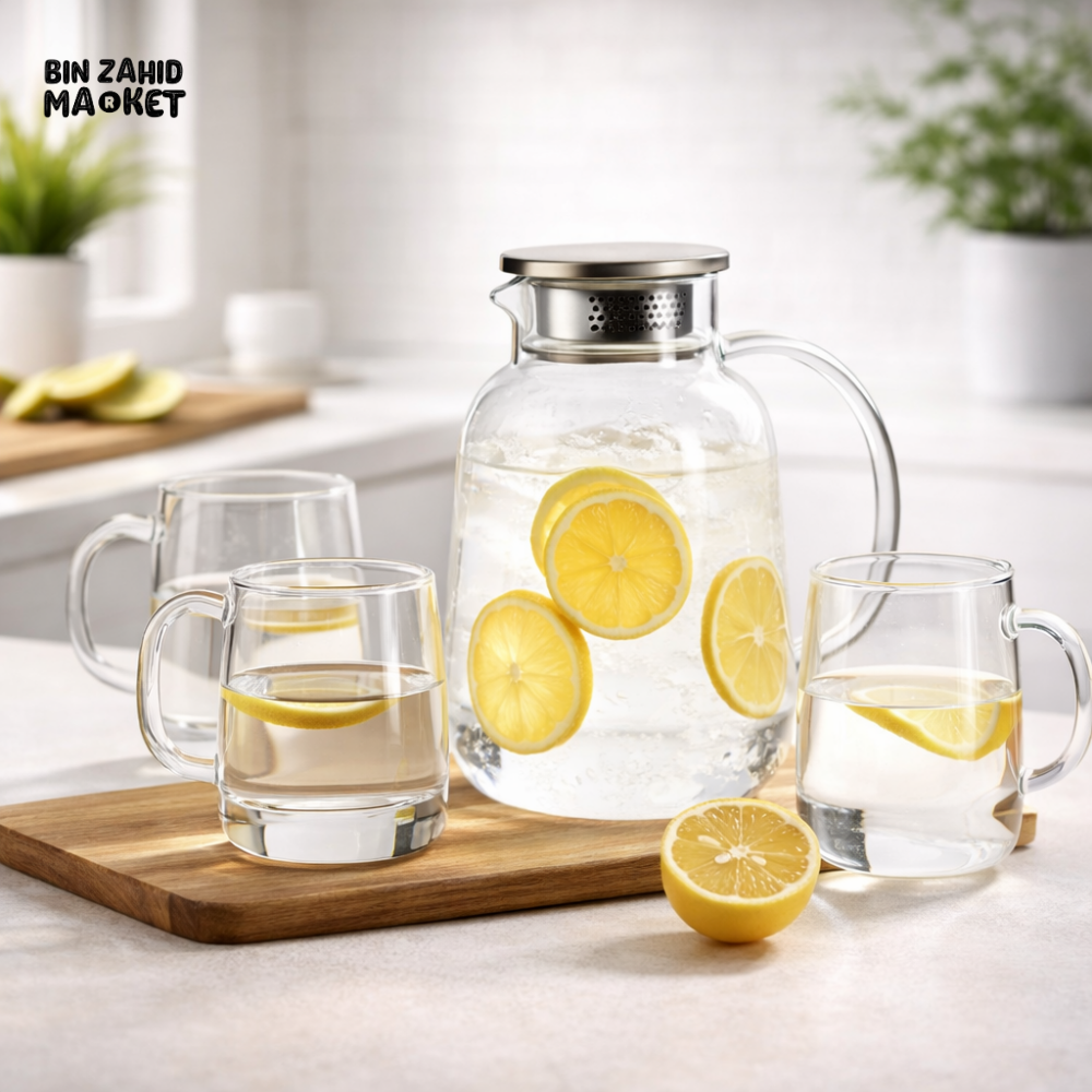 DANNY HOME 5PCS BOROSILICATE GLASS WATER SET TEAPOT WITH 4 CUPS HEAT RESISTANT SERVING SET WITH FILTER LID XF5T-05