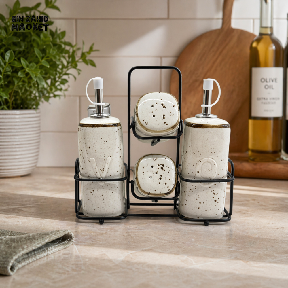 DANNY HOME 5PCS CERAMIC SPICE & CONDIMENT CASTOR SET WITH METAL STAND (OIL VINEGAR SALT & PEPPER) CZT18-133