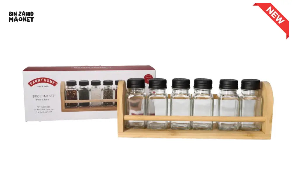 DANNY HOME 6 PIECE GLASS SPICE JAR SET WITH BAMBOO RACK -1900-30