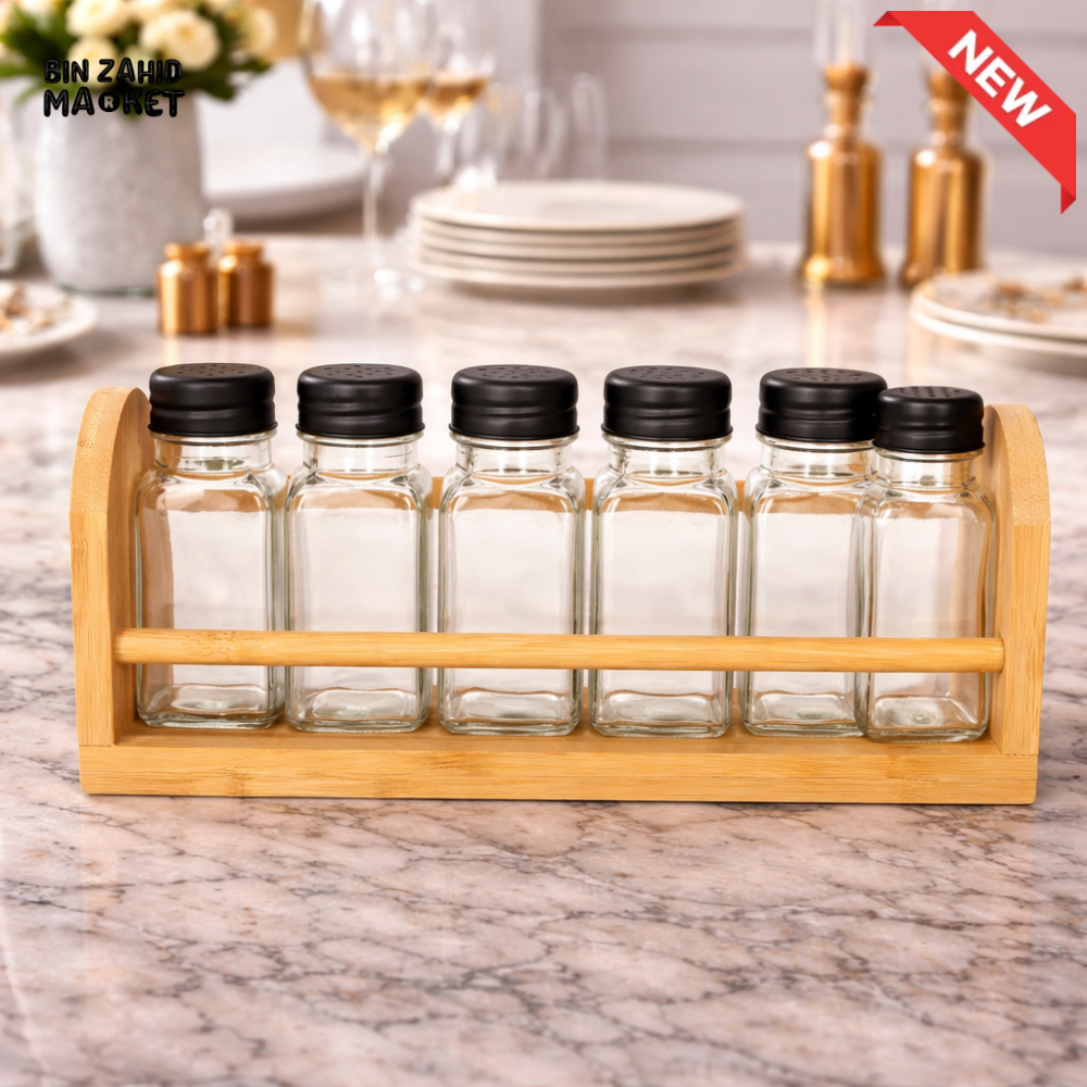 DANNY HOME 6 PIECE GLASS SPICE JAR SET WITH BAMBOO RACK -1900-30