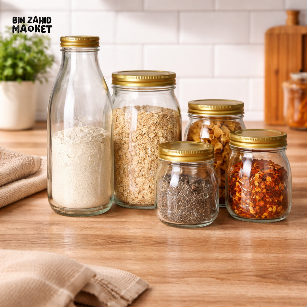 DANNY HOME 6 PIECE GLASS STORAGE JAR SET WITH GOLD LIDS -SD-014