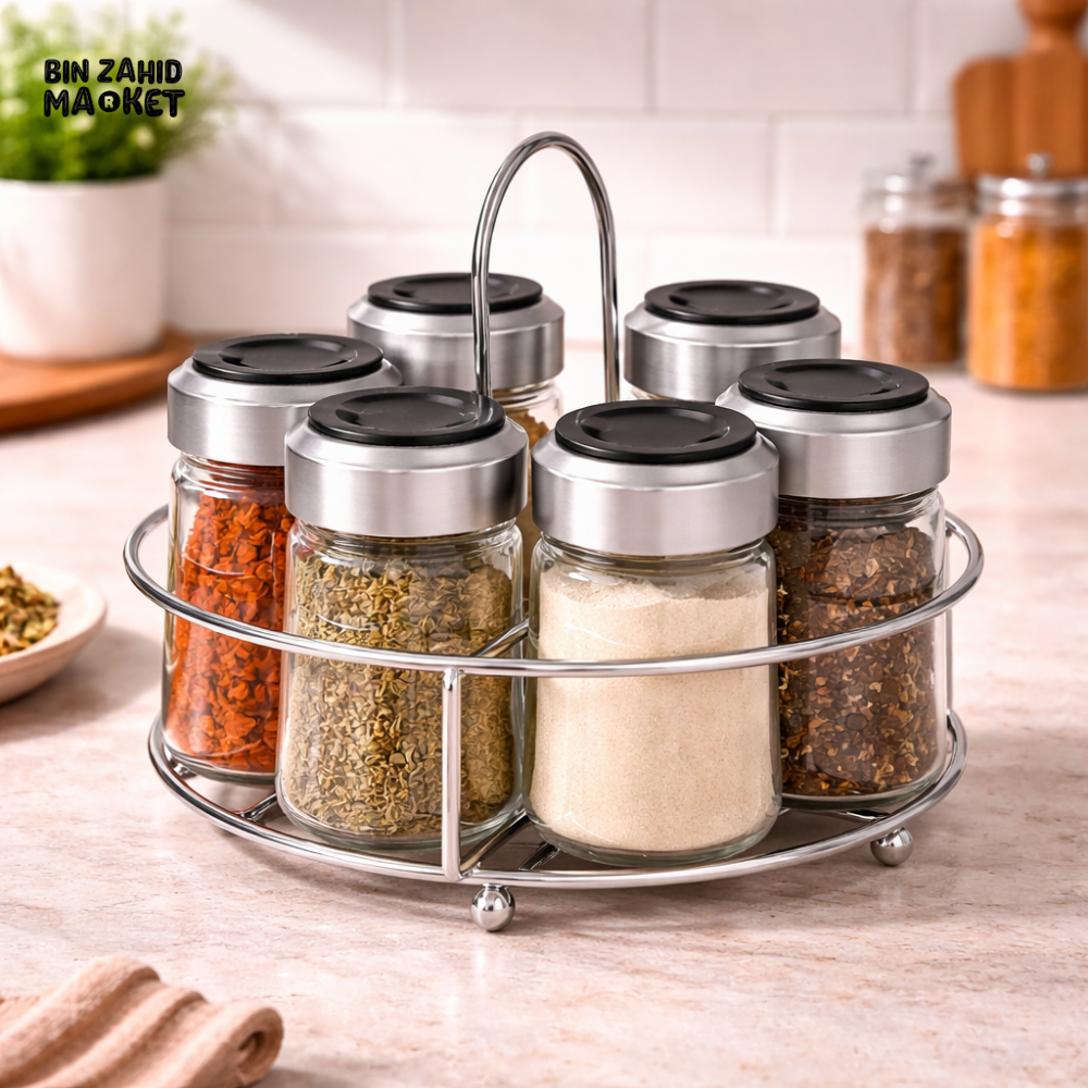 DANNY HOME 7 PIECE GLASS SPICE JAR SET WITH STEEL LIDS & RACK -SD-007