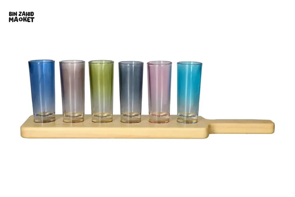 DANNY HOME 7-PIECE GRADIENT SHOT GLASS SET WITH WOODEN SERVING BOARD – COLORFUL DRINKWARE FOR PARTIES & HOME USE -KY-094