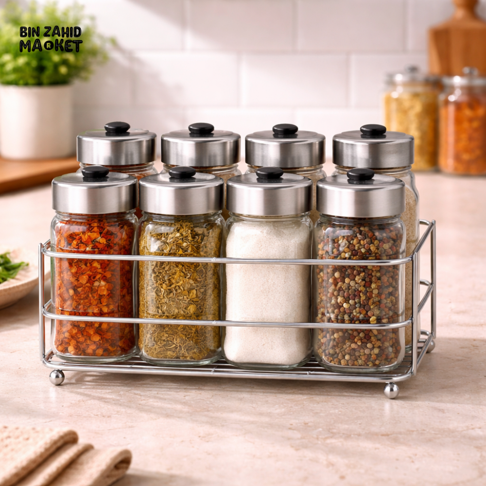 DANNY HOME 9 PIECE GLASS SPICE JAR SET WITH STEEL LIDS & RACK -SD-006
