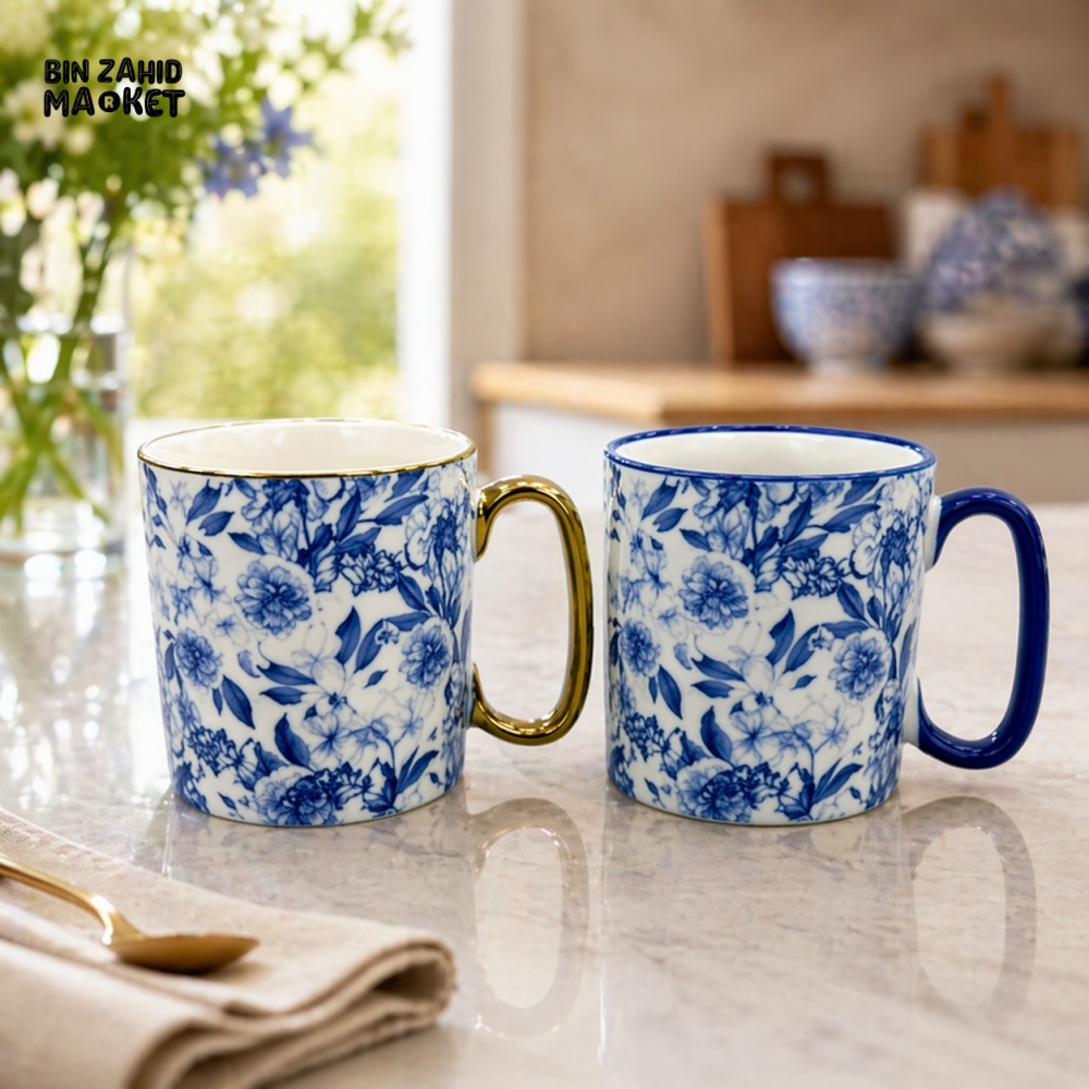 DANNY HOME BLUE FLORAL CERAMIC 310ML MUG 2PCS GIFT SET WITH GOLD & COLOR HANDLE PREMIUM DRINKWARE BZ01-33-2