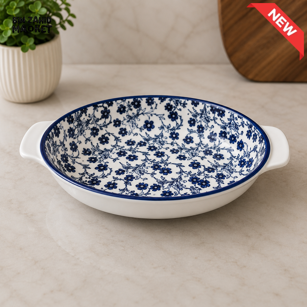 DANNY HOME BLUE FLORAL CERAMIC ROUND BAKING DISH WITH SIDE HANDLES - 7 INCHES