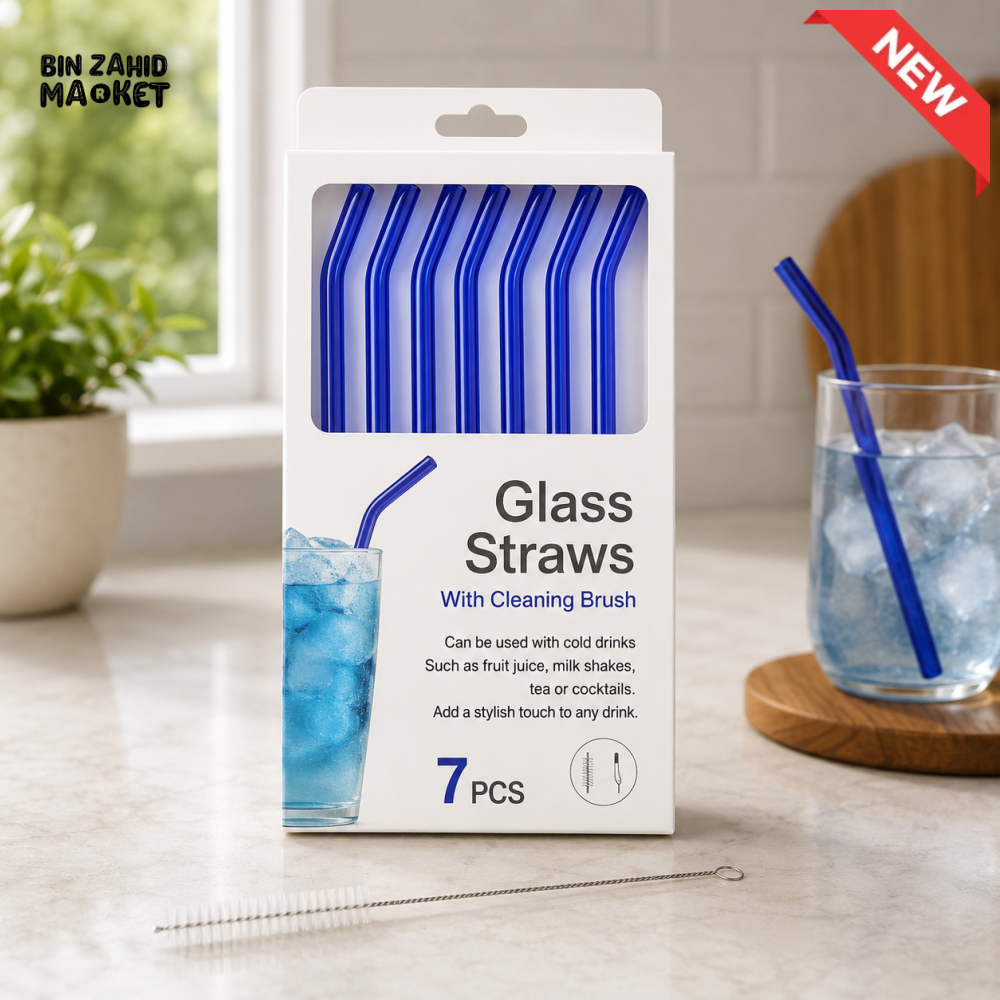 DANNY HOME BLUE REUSABLE GLASS DRINKING STRAWS SET WITH CLEANING BRUSH - 7 PIECE SET