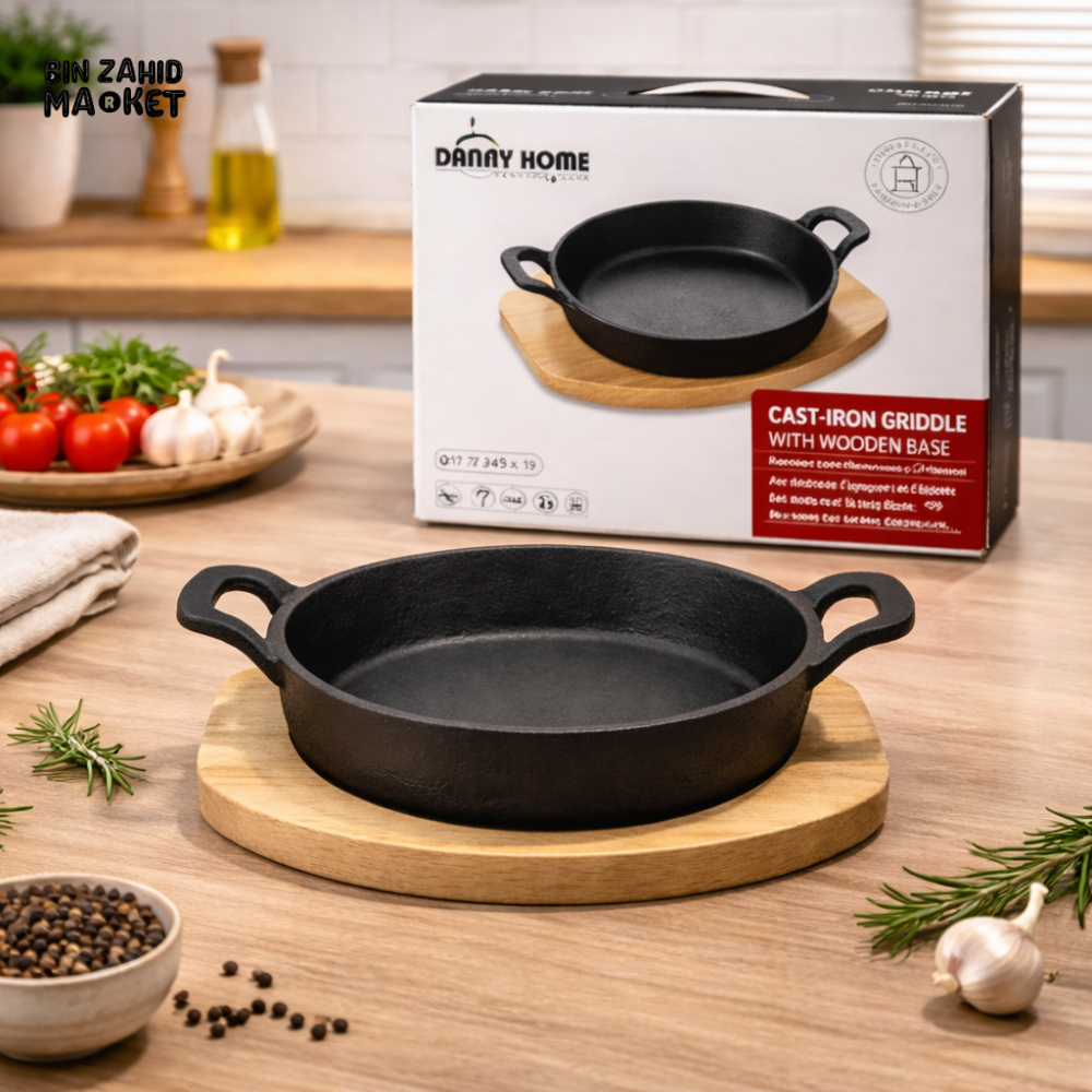 ZYB200 CAST IRON ROUND GRIDDLE PAN 18CM WITH WOODEN BASE – MINI SIZZLER SERVING SKILLET WITH DOUBLE HANDLES
