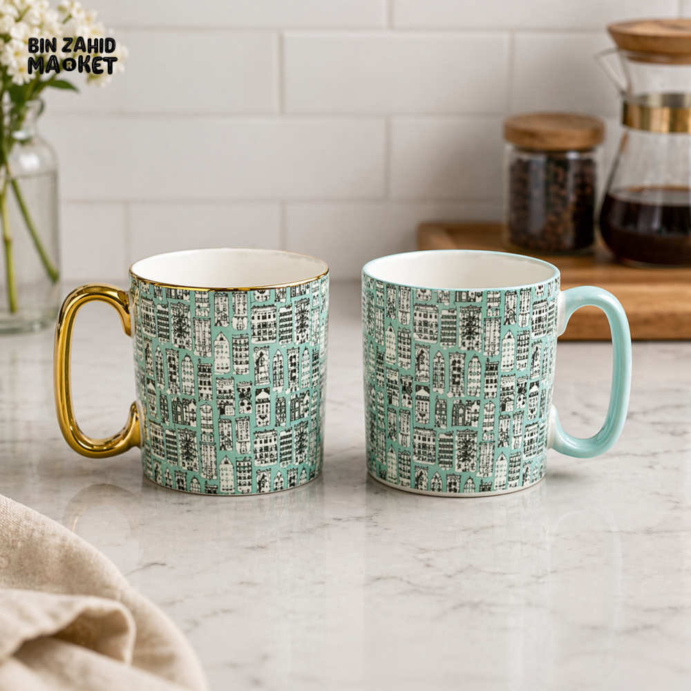 DANNY HOME CERAMIC 310ML MUG 2PCS GIFT SET WITH 24K GOLD HANDLE PREMIUM COFFEE TEA CUPS BZ01-59-2