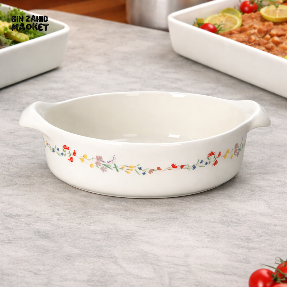 DANNY HOME CERAMIC BAKING DISH WITH HANDLES 28.5CM – FLORAL DESIGN OVEN SAFE SERVING CASSEROLE DISH WHITE BAKEWARE
