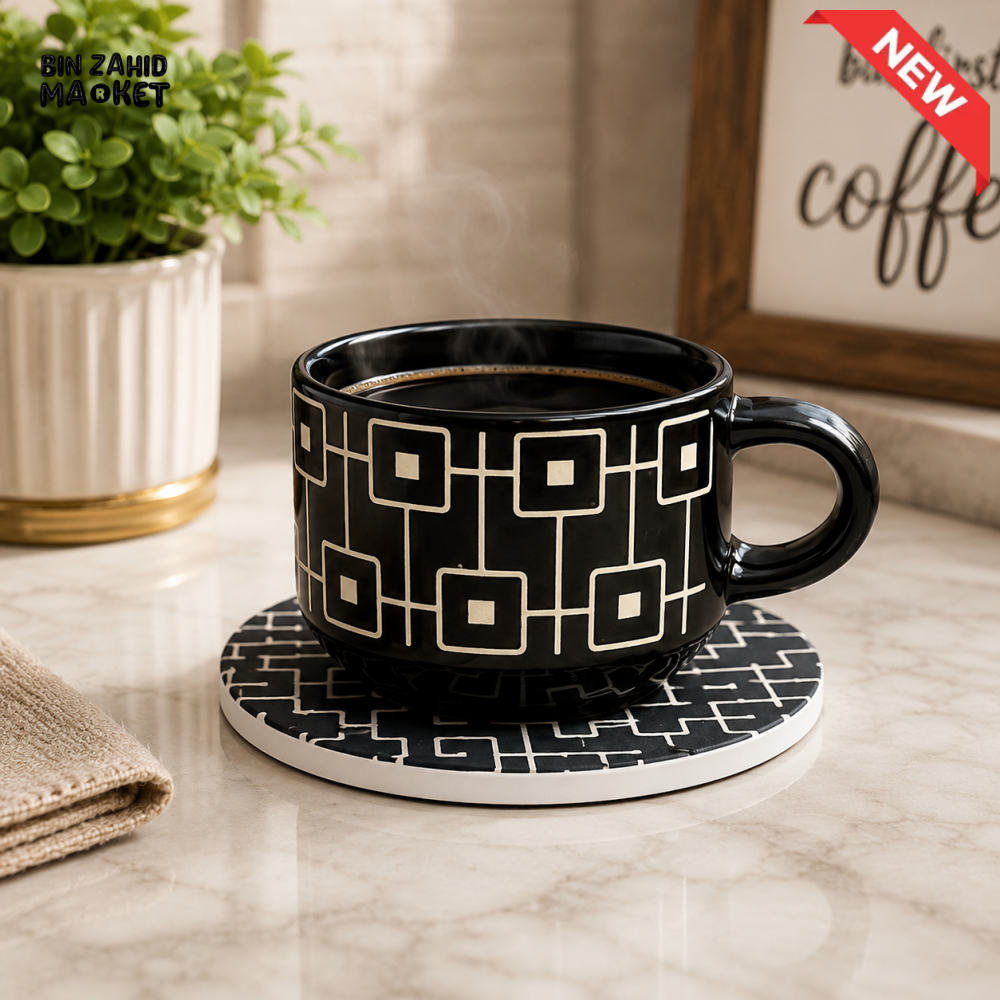 DANNY HOME CERAMIC COFFEE MUG WITH BLACK GEOMETRIC DESIGN - 6 PCS CUP & SAUCERS SET