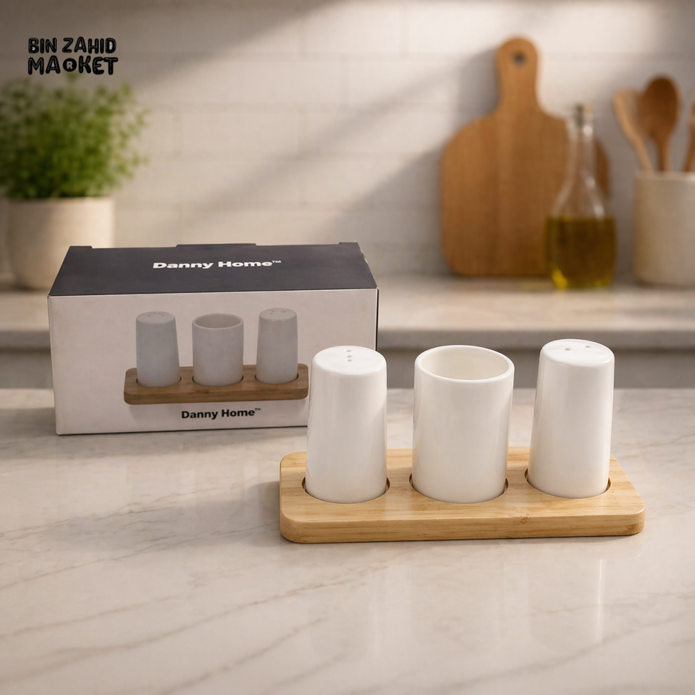 DANNY HOME CERAMIC SEASONING BOTTLE SET WITH BAMBOO TRAY SALT PEPPER SPICE CONTAINER 4PCS SET CPK-076