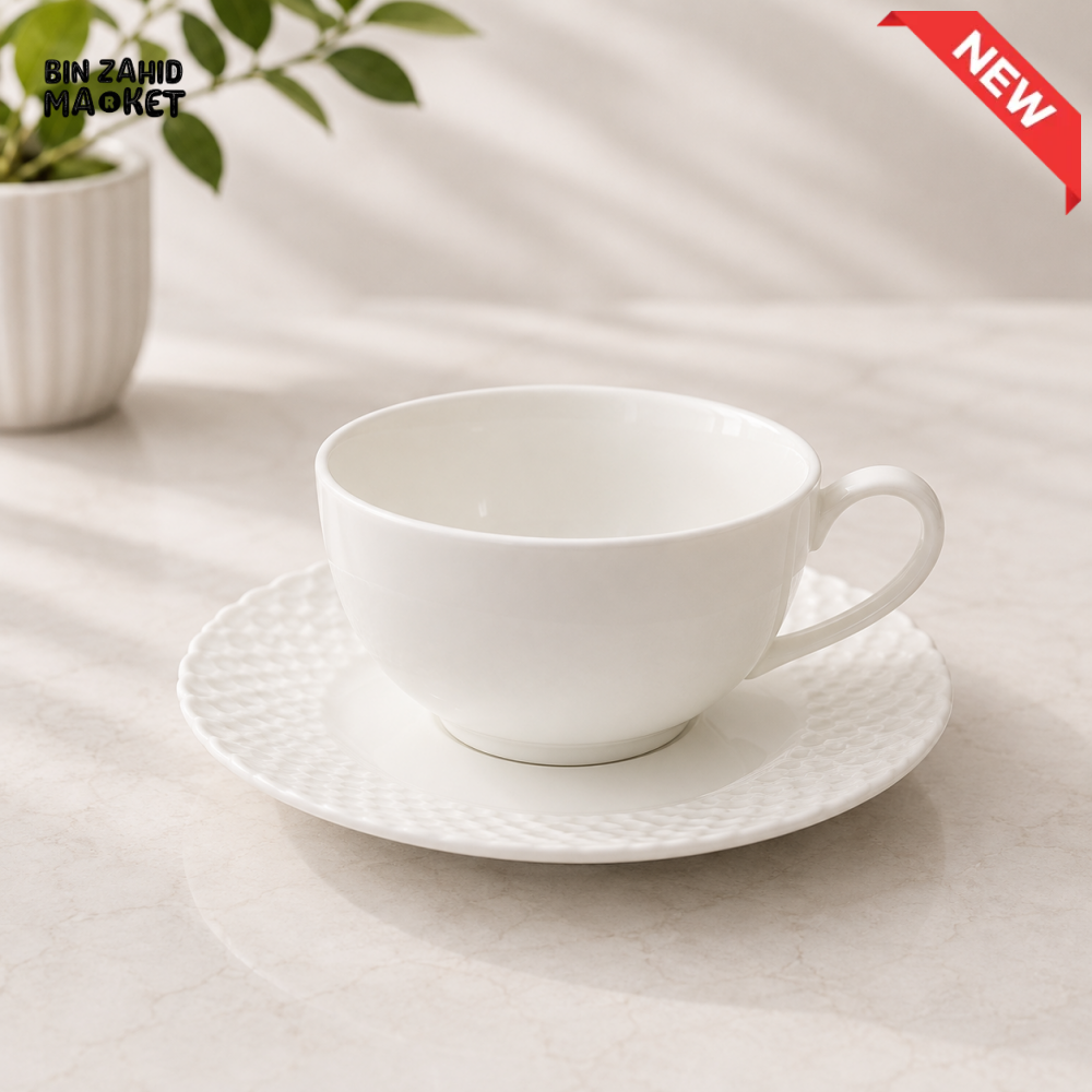 DANNY HOME CLASSIC WHITE CERAMIC TEA CUP & SAUCER SET - 6 PIECE