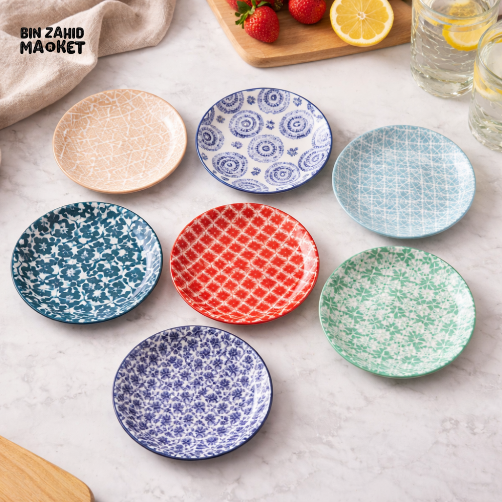 DANNY HOME COLOR PATTERN CERAMIC FLAT PLATE 8.5 INCH ROUND DINNER SERVING DISH MULTI DESIGN SET 85FGP