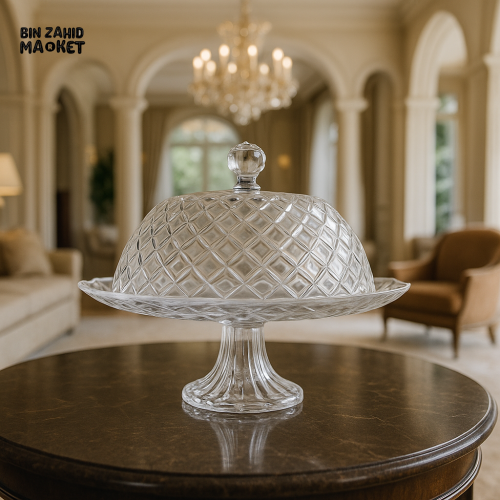 DANNY HOME CRYSTAL CAKE STAND WITH LID – ELEGANT GLASS DESSERT DISPLAY PLATE FOR KITCHEN & PARTIES SD 029