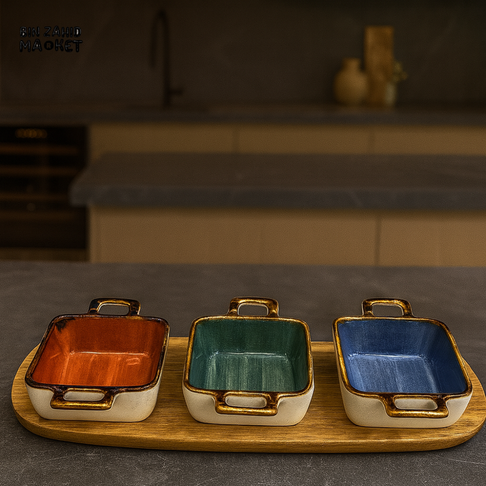 DANNY HOME CZT21-60 DESSERT SET – 4.25" CERAMIC DISHES WITH WOODEN TRAY 3 PIECE SERVING SET