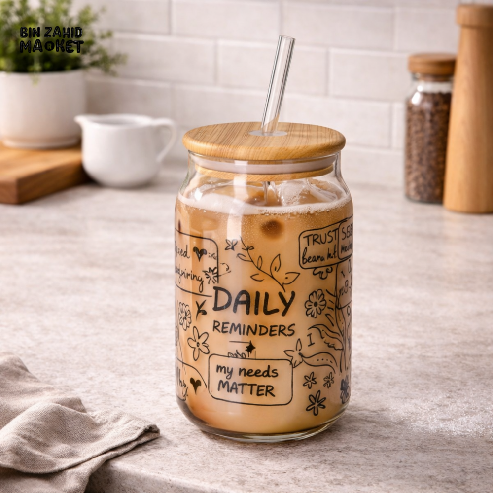 DANNY HOME DAILY REMINDERS GLASS DRINKING JAR WITH BAMBOO LID & GLASS STRAW – 480ML MOTIVATIONAL MASON CUP FOR COFFEE &
