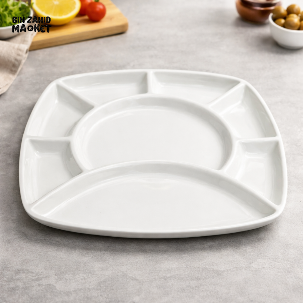 DANNY HOME DIVIDED SERVING PLATE 2PCS SET 9 INCH MULTI-COMPARTMENT DRY FRUIT DISH WHITE CERAMIC SF14-32