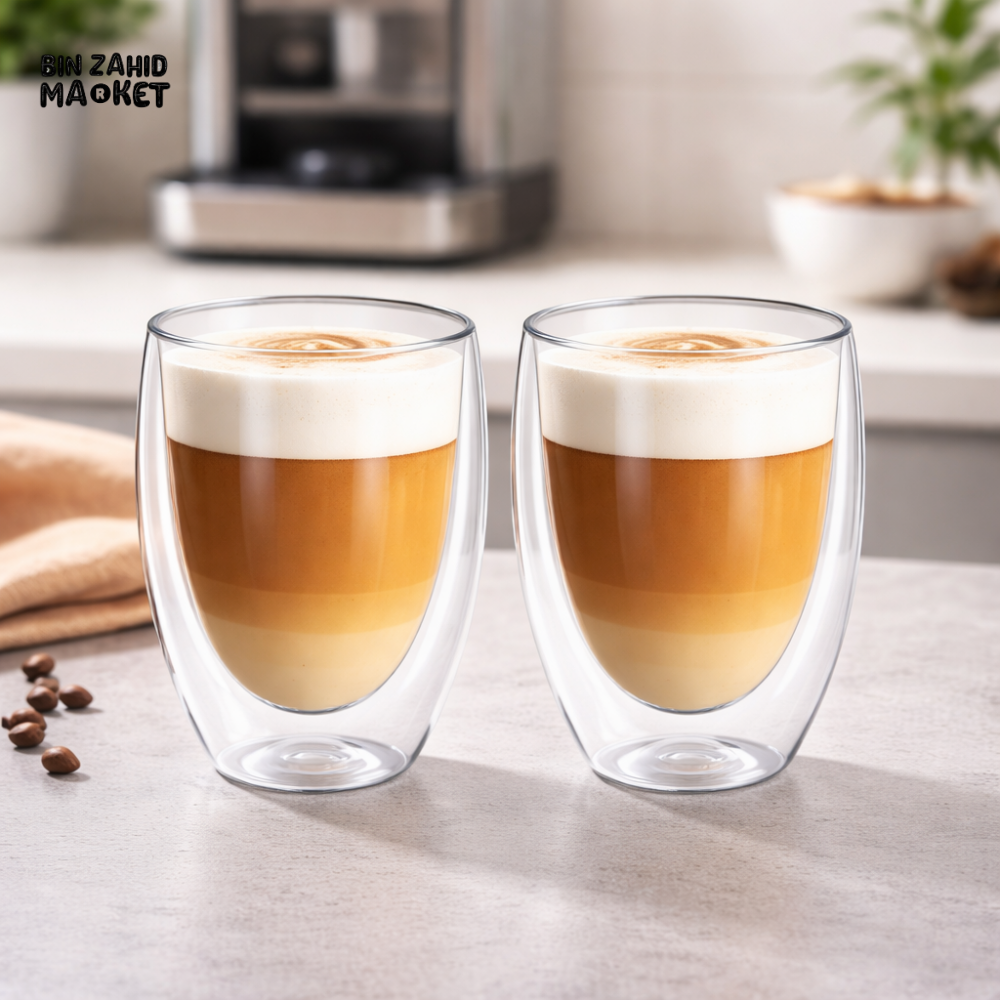 DANNY HOME DOUBLE WALL BOROSILICATE GLASS COFFEE CUP 200ML HEAT RESISTANT INSULATED CLEAR DRINKING GLASS SET 2PCS